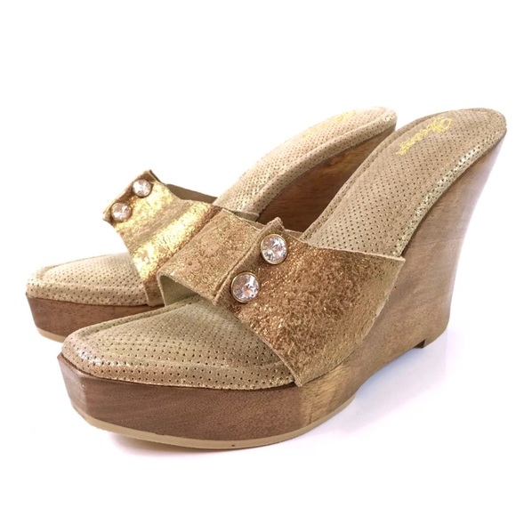 Bridget Gold Glitz Wood Platform Wedge Sandals - Picture 5 of 11